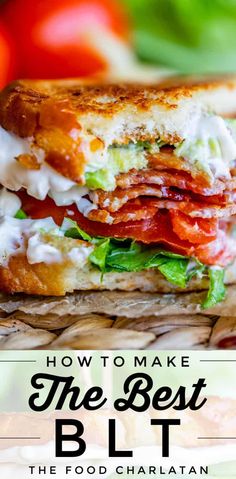 a BLT sandwich with a bite taken out, with bacon, lettuce, tomato, avocado, and white bread! Best Blt Sandwich, Best Blt, Low Carb Sandwich, Perfect Blt, The Food Charlatan, Bacon Sandwich