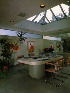 a kitchen with an island and skylight in the center, surrounded by potted plants