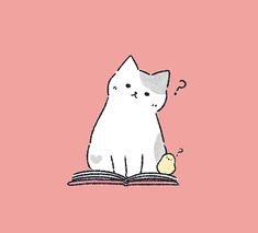 a white cat sitting on top of an open book next to a small yellow bird