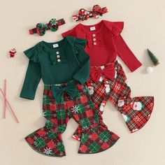 Includes: Onesie, Pants, & HeadbandMaterial: Cotton, Polyester BlendGender: GirlsPattern: Plaid, Santa, SnowflakesSleeve Length: LongSummary: Baby Toddler Long Sleeve Solid Ribbed Ruffle Onesie with Plaid Flare Leg Pants & Headband 3 Piece Christmas Holiday Outfit Cotton Festive Holiday Sets, Cute Red Sets For Fall, Holiday Green Long Sleeve Sets, Cute Fitted Christmas Sets, Cute Festive Winter Sets, Red Festive Sets For Winter, Festive Red Sets For Winter, Fitted Red Set For Holidays, Holiday Festive Red Set