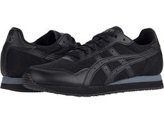 ASICS Tiger Tiger Runner - Men's Shoes : Black/Black : Make tracks with the classic profile and stylish approach of the ASICS Tiger Runner sneakers. Heritage runner silhouette inspired by classing running shoes. Uppers of durable synthetic leather and breathable mesh. Traditional lace-up closure for optimum fit. Lightly-padded collar and tongue provides a snug, comfy fit. Textile linings with cushioned footbed for added comfort. Low-profile EVA midsole. Flexible rubber outsole for durable wear. Asics Tiger Runner, Runner Silhouette, Classic Profile, Asics Sportstyle, Asics Tiger, Tiger Tiger, Mens Shoes Black, Black Sneakers, Comfy Fits