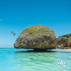 a large rock sticking out of the ocean next to a beach with birds flying over it