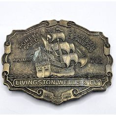 Antique sailing ship belt buckle livingstone wells & co. gold dealers collectible memorabilia. this is a great looking sailing ship belt buckle, in vintage condition. see all photos for details. **we have over 1,000 vintage items online - belt buckles & jewelry & fine collectibles** thanks for looking and be sure to check out our other items! we have lots of vintage items. we put new listings on daily so be sure to check back often. don't forget to add us to your favorites list! hughes-antique c Collectible Antique Gold Belt Buckles, Collectible Gold Antique Belt Buckles, Vintage Gold Belt Buckles For Collectors, Gold Antique Belt Buckles For Collectors, Vintage Gold Belt Buckles As Gift, Belt Buckle Jewelry, Livingstone, Favorites List, Men's Belt