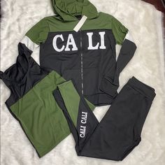 3pcs Set Jacket, Tank Top & Leggings Perfect Fit For Your Daily Exercise Routine Or Busy Day Jacket Haa Zipper On The Front And Pockets On Both Side - Full Length Leggings -Great Strech With Elastic Waistband Sporty Stretch Sets For Streetwear, Casual Fitted 3-piece Set, Casual Workout Sets For Winter, Stretchy Green Winter Sets, Green Stretch Sets For Winter, Stretch Athleisure Sets For Streetwear, Athleisure Stretch Sets For Streetwear, Casual Green Workout Sets, Green Casual Workout Sets