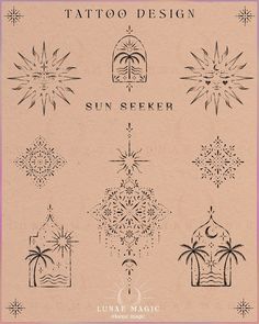 the cover of tattoo design sun seeker, featuring palm trees and buildings with snowflakes on them