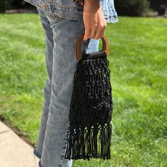 Black Macrame With Lining Inside New - Handmade Bag Summer Bag Must Have Inside Size; 11.5” X 7.5x Outside Size (Top Handles - Fringe ) 18” X 7.5” Black Shoulder Bag With Bamboo Handle For Beach, Black Woven Handheld Shoulder Bag, Brown Macrame Bags For Travel, Black Rectangular Shoulder Bag With Bamboo Handle, Black Woven Crochet Bag For Everyday, Black Handwoven Crochet Bag For Everyday Use, Chic Macrame Bag For Daily Use, Everyday Black Woven Crochet Bag, Black Crochet Bag With Braided Handles For Everyday Use