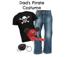 there is a shirt, jeans, and hat on display with the name dad's pirate costume