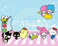 hello kitty wallpaper with many cartoon characters on the street and in the background, there is a traffic light