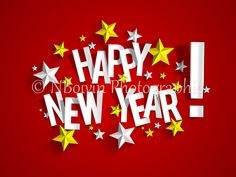 happy new year greeting card with stars on red background