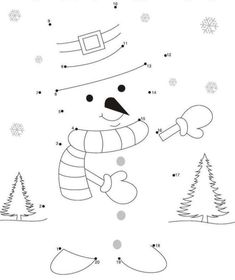 a snowman dot to dot game for kids with numbers and pictures on the page