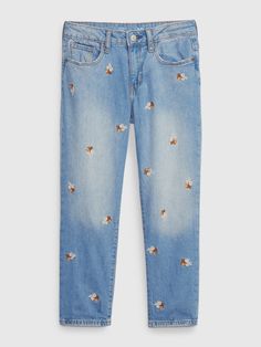 This denim is made with 5% recycled cotton.  Less waste in the world.  More great denim for you.  Stretch denim jeans.   Button closure at waist Princess Closet, Pink Denim, Accessories Packing, Girlfriend Jeans, Jeans Button, Jeans Kids, Gap Kids, Floral White, Girls Denim