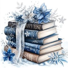 a stack of books with blue flowers on top of them and a ribbon tied around the book ends