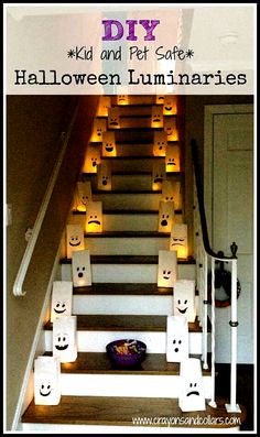 the stairs are decorated with halloween luminaries and pumpkins to decorate for kids