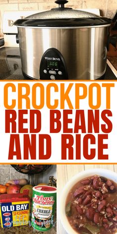 crockpot red beans and rice in the slow cooker with text overlay