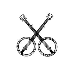 two musical instruments sitting next to each other on top of a white background with black lines