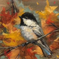 a painting of a bird sitting on a branch with autumn leaves in front of it