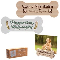 three wooden signs with different types of dog tags on them and one has a bone shaped sign that says, waggin tails ranch