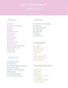 the first apartment checklist is shown in pink and white