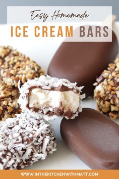 chocolate covered ice cream bars on a white plate with text overlay that reads easy homemade ice cream bars