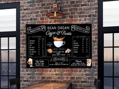 a coffee shop menu hanging on a brick wall