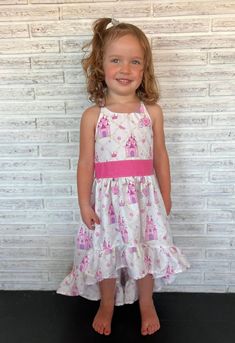 Tank style bodice with spaghetti straps and elastic waist back. Ties at the neck. High/low ruffled skirt Princess Castle, High & Low, High Low Dress, Elastic Waist, Bodice, Spaghetti Strap, Dress Outfits, Girl Outfits, Dresses