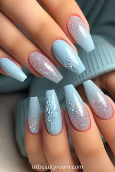 Light Blue Coffin Nails with Glitter - Blue is a popular color in nail art because it has many shades and looks great on all skin tones. This post lists 43 different blue nail designs that showcase the versatility of this color, from subtle pastel blues to vibrant royal blues, providing plenty of inspiration for your next manicure. light, sky, royal, dark, short navy, pastel pink, winter, summer, spring, fall, pink and royal, short royal, acrylic, coffin, almond, simple, square Nail Art Bleu, Blue Coffin Nails, Fancy Nails Designs, Blue Nail Art, Blue Nail Designs, Nails 2024, Fancy Nails