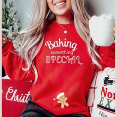 This Baking-Baking-Something-Special makes a wonderful Christmas Pregnancy Announcement Sweatshirt. It is cute, silly yet trendy. Get it for yourself and become the center of attention or get it for someone & become their favourite person in the world.   SIZING Available Sizes: S-3XL If you need a bigger size, please let us know and we will be happy to order that for you! Be sure to check your size before ordering by checking the size chart and colour scales in the pictures section.  Sweatshirts are true-to-size for unisex fit. Unisex fit will be a loose fit for women so size down IF looking for a fitted look. If looking for an oversized look then order a size up. HOW TO ORDER : 1. Please make a selection from the drop-down options and add it to the cart button- after reviewing the below s Ugly Xmas Sweater Party, Christmas Sweatshirt Ideas, Nurse Graduation Party, Home Alone Christmas, Christmas Shirts For Women, Sweatshirt Ideas, Cute Hoodies, Ugly Xmas Sweater, Christmas Pregnancy Announcement