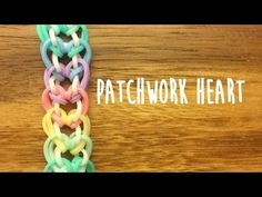 the words patchwork heart are written in white and blue on a wooden background with an image of a multicolored chain