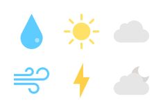 the weather icons are arranged in different colors and shapes, including rain, sun, clouds, and lightning