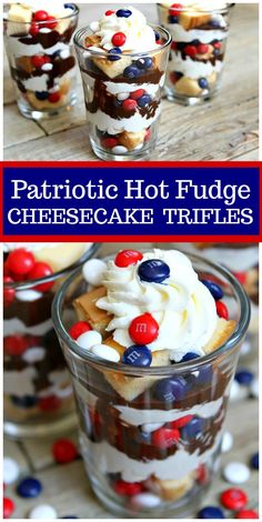 patriotic hot fudge cheesecake trifles with red, white and blue decorations