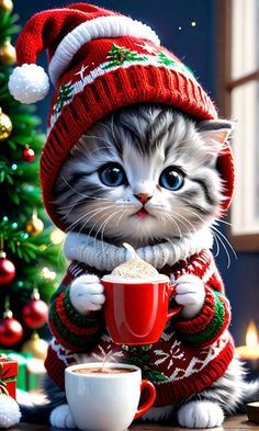 a cat wearing a santa hat and holding a cup of coffee