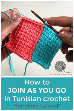 someone is crocheting together with yarn to make a knitted pouch for their knitting project