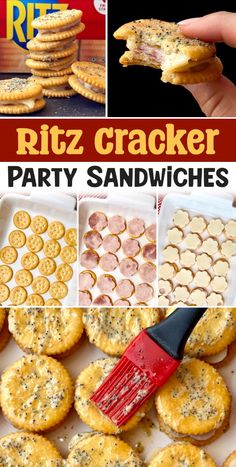 this is a collage of pictures with crackers and party sandwiches