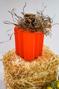 an orange vase sitting on top of hay