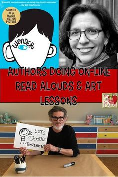 a man sitting at a table with a sign that says authors doing online read alouds & art lessons