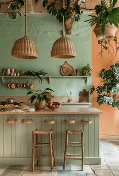 a kitchen with green walls and wooden stools in front of the counter top, potted plants hanging from the ceiling