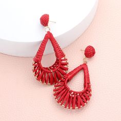 Red Raffia Wrapped Open Teardrop Fun Fashion Earrings | Runway Earrings Trendy Red Earrings For Vacation, Red Tassel Drop Earrings For Summer, Red Teardrop Summer Earrings, Luxury Red Statement Earrings, Luxury Red Bohemian Earrings, Runway Earrings, Teardrop Dangle Earrings, Fashion Earrings, Cool Style