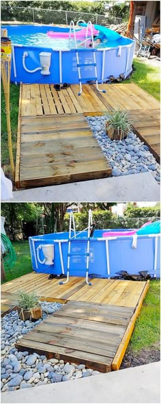 an above ground swimming pool is shown in two different pictures, one with a ladder and the other without