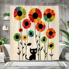 a shower curtain with an image of a black cat and colorful flowers in the background