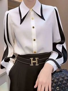 Urban Color Block Button-Down Shirt Shirt Collar Pattern, Color Block Shirts, Patchwork Shirt, Female Clothing, Shirt Dress Style, Stylish Plus, Style Mistakes, Collar Blouse, Lantern Sleeve