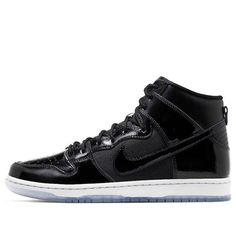 The Nike SB Skateboard Dunk High is a sneaker that pays homage to the classic Air Jordan 11. It features a black upper constructed from shiny patent leather, with ballistic mesh at the quarter panel and full-grain leather on the collar. A subtle pop of royal blue appears on the tongue tag, while the ‘SB’ heel branding recalls the ‘23’ on the Air Jordan 11. An icy translucent outsole completes the look. (SNKR/Unisex) Modern Black High-top Sneakers For Skateboarding, Nike High-top Sneakers For Streetwear With Perforations, Black Casual Custom Sneakers In Patent Leather, Casual High-top Patent Leather Sneakers, Black Patent Leather Casual Custom Sneakers, Casual Black Patent Leather Custom Sneakers, Classic Black High-top Sneakers With Perforations, Black Leather Skate Shoes With Perforations, Custom Patent Leather Lace-up Sneakers For Streetwear