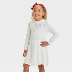 Toddler Girls' Pointelle Sweater Dress - Cat & Jack™ Cream 3T Pointelle Dress, Satin Long Sleeve Dress, Pointelle Fabric, Cable Knit Sweater Dress, Cozy Dress, Pointelle Sweater, Ribbed Sweater Dress, Satin Long Sleeve, Long Sleeve Print Dress