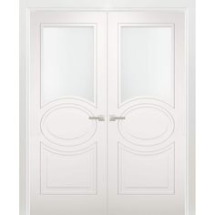 a white double door with an oval design on the front and side paneling,