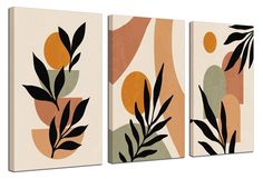 three canvases with leaves on them in different colors and shapes, one is orange, the other is green