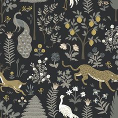 a black background with various animals and plants on it's sides, including peacocks