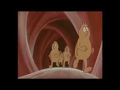 an animated scene with three cartoon characters standing in front of a red swirly background