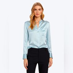 Vince Slim Fit Band Collar Silk Blouse Blue Silk Formal Tops, Formal Blue Silk Tops, Elegant Long Sleeve Light Blue Blouse, Elegant Light Blue Long Sleeve Blouse, Elegant Light Blue Button-up Blouse, Elegant Light Blue Office Shirt, Elegant Blue Blouse For Daywear, Elegant Light Blue Top For Evening, Chic Light Blue Shirt For Workwear