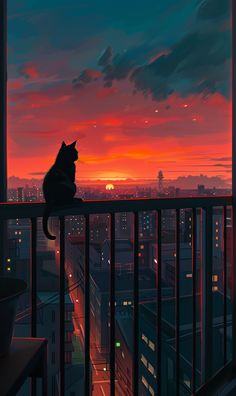 a cat sitting on top of a balcony next to a window at night with the sun setting