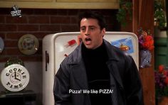 a man standing in front of a refrigerator with his mouth open and the words pizza we like pizza written on it