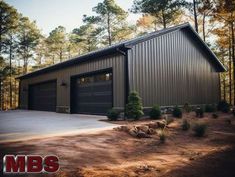 a garage is shown in front of some trees